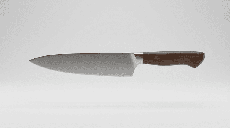 Chef’s knife floating in a studio render