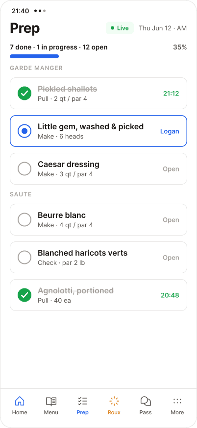 The Heard prep list on a phone: live progress, station groups, and claimed tasks